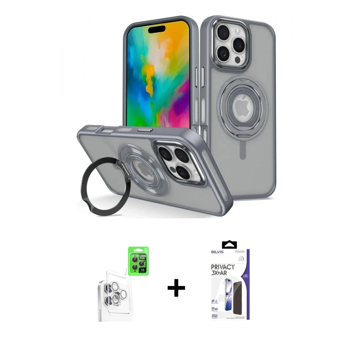 MARSİLYAN™- iPhone 16 Pro Max Kılıf Nova Minimal Serisi - Siyah Bilvis 3X AR Hayalet Cam Ekran Koruyucu + Raze Metal Kamera Lens - BZ
