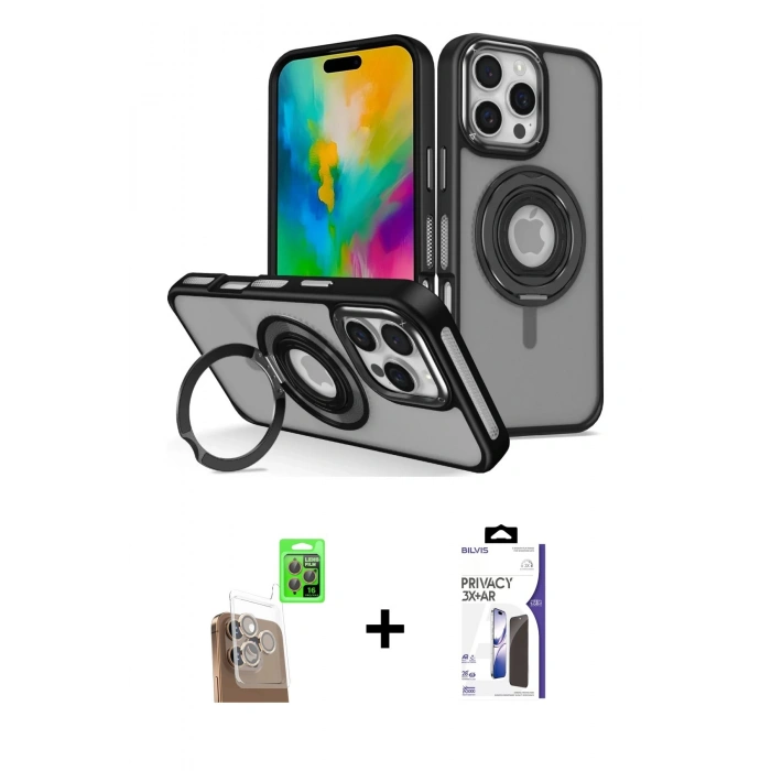 MARSİLYAN™- iPhone 16 Pro Max Kılıf Nova Minimal Serisi - Siyah Bilvis 3X AR Hayalet Cam Ekran Koruyucu + Raze Metal Kamera Lens - CLTM