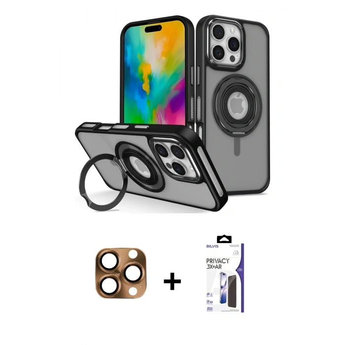 MARSİLYAN™- iPhone 16 Pro Max Kılıf Nova Minimal Serisi - Siyah Bilvis 3X AR Hayalet Cam Ekran Koruyucu + Pers Alüminyum Kamera Lens - CLTM