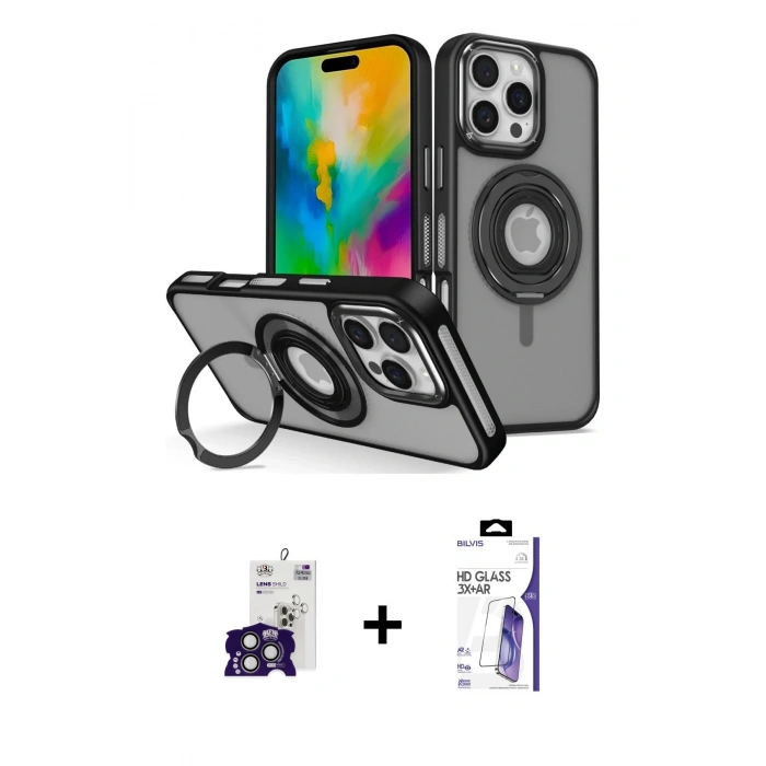MARSİLYAN™- iPhone 16 Pro Max Kılıf Nova Minimal Serisi - Siyah Bilvis 3X AR HD Cam Ekran Koruyucu + Bilvis Titan Kamera Lens - TMGI