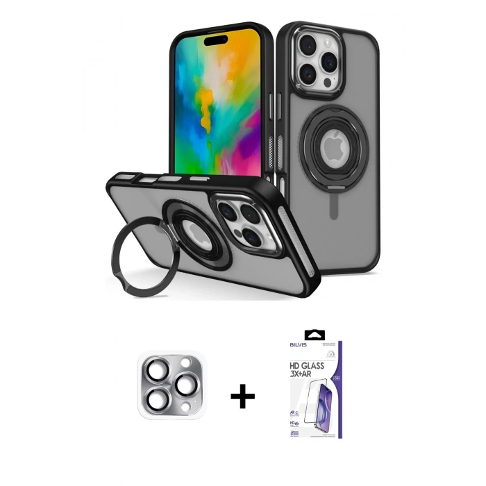 MARSİLYAN™- iPhone 16 Pro Max Kılıf Nova Minimal Serisi - Siyah Bilvis 3X AR HD Cam Ekran Koruyucu + Pers Alüminyum Kamera Lens - GI