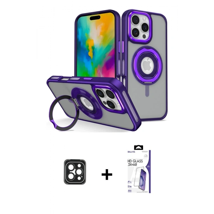 MARSİLYAN™- iPhone 16 Pro Max Kılıf Nova Minimal Serisi - Siyah Bilvis 3X AR HD Cam Ekran Koruyucu + PVD Metal Kamera Lens - SH