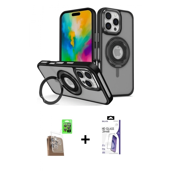 MARSİLYAN™- iPhone 16 Pro Max Kılıf Nova Minimal Serisi - Siyah Bilvis 3X AR HD Cam Ekran Koruyucu + Raze Metal Kamera Lens - CLTM