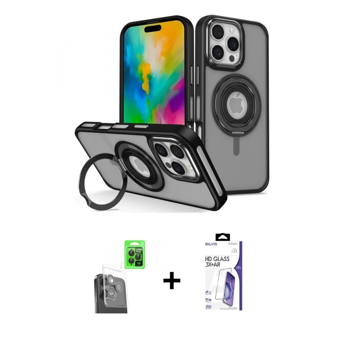 MARSİLYAN™- iPhone 16 Pro Max Kılıf Nova Minimal Serisi - Siyah Bilvis 3X AR HD Cam Ekran Koruyucu + Raze Metal Kamera Lens - SH
