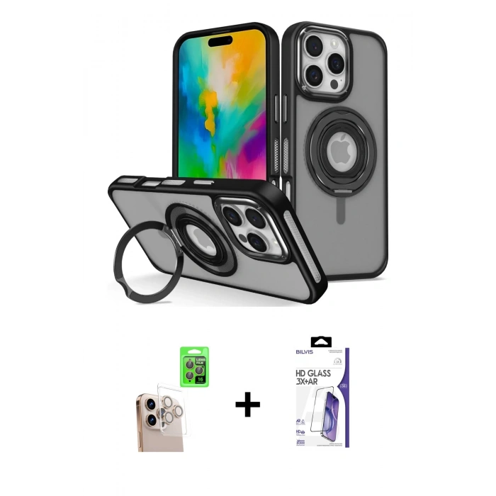 MARSİLYAN™- iPhone 16 Pro Max Kılıf Nova Minimal Serisi - Siyah Bilvis 3X AR HD Cam Ekran Koruyucu + Raze Metal Kamera Lens - NLGY