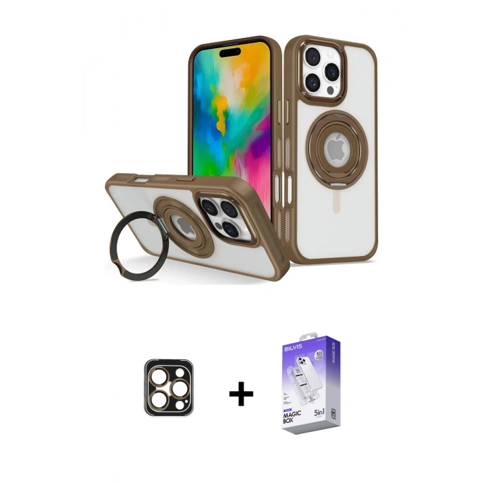 MARSİLYAN™- iPhone 16 Pro Max Kılıf Nova Minimal Serisi - Siyah Bilvis 5in1 3D Magic Cam Ekran Koruyucu + Gold PVD Metal Kamera Lens