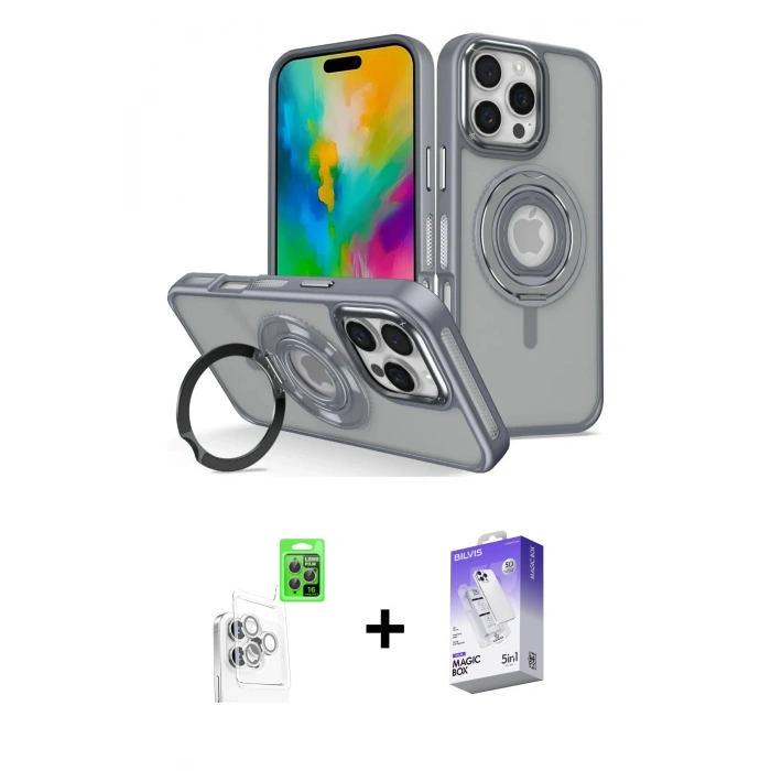 MARSİLYAN™- iPhone 16 Pro Max Kılıf Nova Minimal Serisi - Siyah Bilvis 5in1 3D Magic Cam Ekran Koruyucu + Beyaz Raze Metal Kamera Lens
