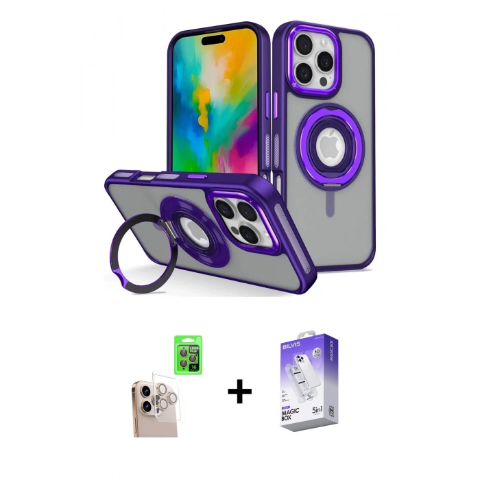 MARSİLYAN™- iPhone 16 Pro Max Kılıf Nova Minimal Serisi - Siyah Bilvis 5in1 3D Magic Cam Ekran Koruyucu + Natural Grey Raze Metal Kamera Lens