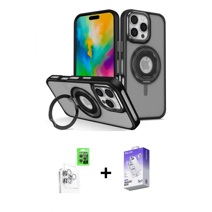 MARSİLYAN™- iPhone 16 Pro Max Kılıf Nova Minimal Serisi - Siyah Bilvis 5in1 3D Magic Cam Ekran Koruyucu + Beyaz Raze Metal Kamera Lens
