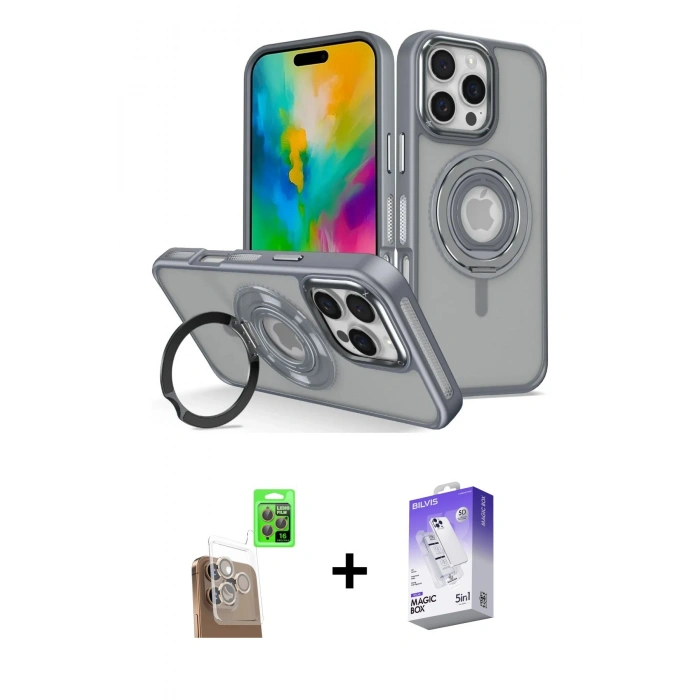 MARSİLYAN™- iPhone 16 Pro Max Kılıf Nova Minimal Serisi - Siyah Bilvis 5in1 3D Magic Cam Ekran Koruyucu + Çöl Titanyum Raze Metal Kamera Lens