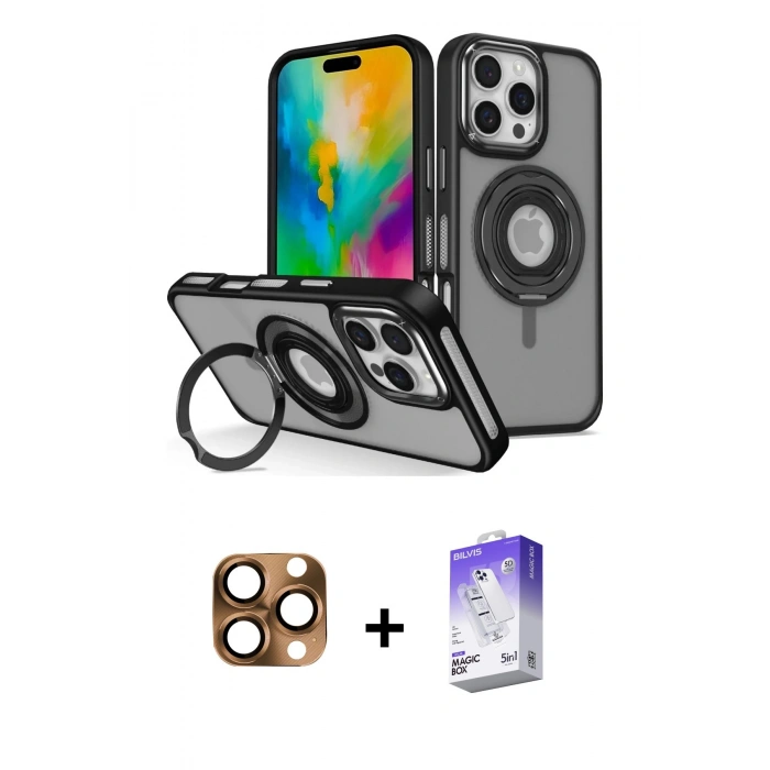 MARSİLYAN™- iPhone 16 Pro Max Kılıf Nova Minimal Serisi - Siyah Bilvis 5in1 3D Magic Cam Ekran Koruyucu + Pers Alüminyum Kamera Lens - CLTM
