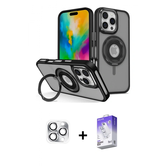 MARSİLYAN™- iPhone 16 Pro Max Kılıf Nova Minimal Serisi - Siyah Bilvis 5in1 3D Magic Cam Ekran Koruyucu + Gümüş Pers Alüminyum Kamera Lens