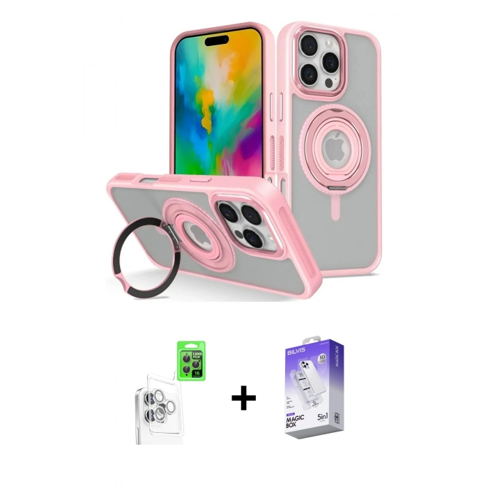 MARSİLYAN™- iPhone 16 Pro Max Kılıf Nova Minimal Serisi - Siyah Bilvis 5in1 3D Magic Cam Ekran Koruyucu + Beyaz Raze Metal Kamera Lens