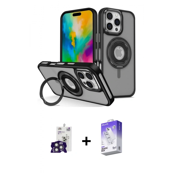 MARSİLYAN™- iPhone 16 Pro Max Kılıf Nova Minimal Serisi - Siyah Bilvis 5in1 3D Magic Cam Ekran Koruyucu + Bilvis Titan Kamera Lens - TMGI