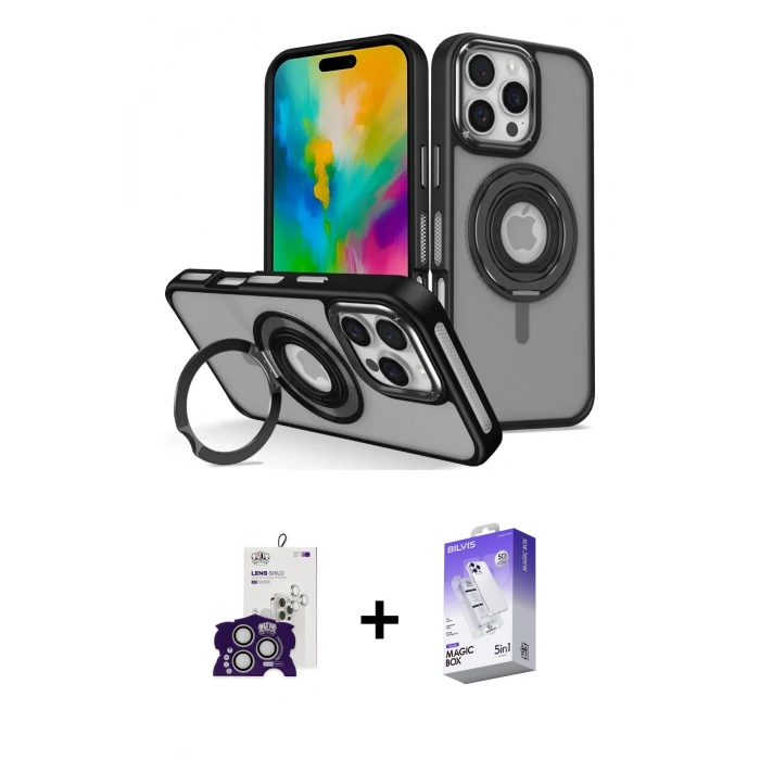 MARSİLYAN™- iPhone 16 Pro Max Kılıf Nova Minimal Serisi - Siyah Bilvis 5in1 3D Magic Cam Ekran Koruyucu + Bilvis Titan Kamera Lens - GS