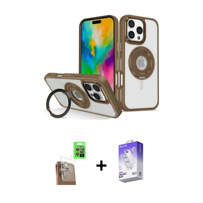 MARSİLYAN™- iPhone 16 Pro Max Kılıf Nova Minimal Serisi - Siyah Bilvis 5in1 3D Magic Cam Ekran Koruyucu + Çöl Titanyum Raze Metal Kamera Lens