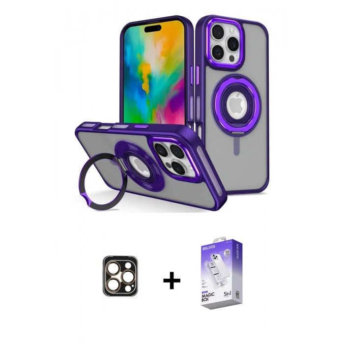 MARSİLYAN™- iPhone 16 Pro Max Kılıf Nova Minimal Serisi - Siyah Bilvis 5in1 3D Magic Cam Ekran Koruyucu + Gold PVD Metal Kamera Lens