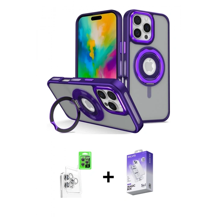 MARSİLYAN™- iPhone 16 Pro Max Kılıf Nova Minimal Serisi - Siyah Bilvis 5in1 3D Magic Cam Ekran Koruyucu + Beyaz Raze Metal Kamera Lens