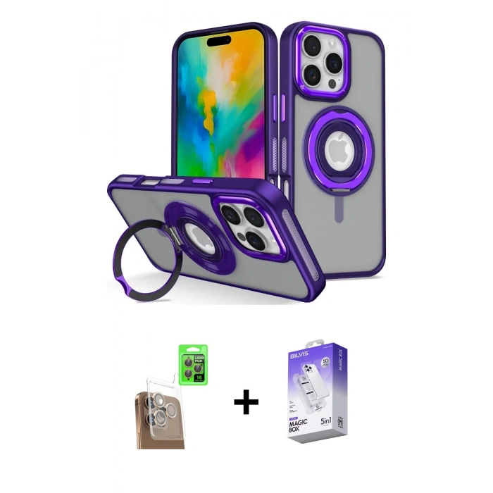 MARSİLYAN™- iPhone 16 Pro Max Kılıf Nova Minimal Serisi - Siyah Bilvis 5in1 3D Magic Cam Ekran Koruyucu + Çöl Titanyum Raze Metal Kamera Lens