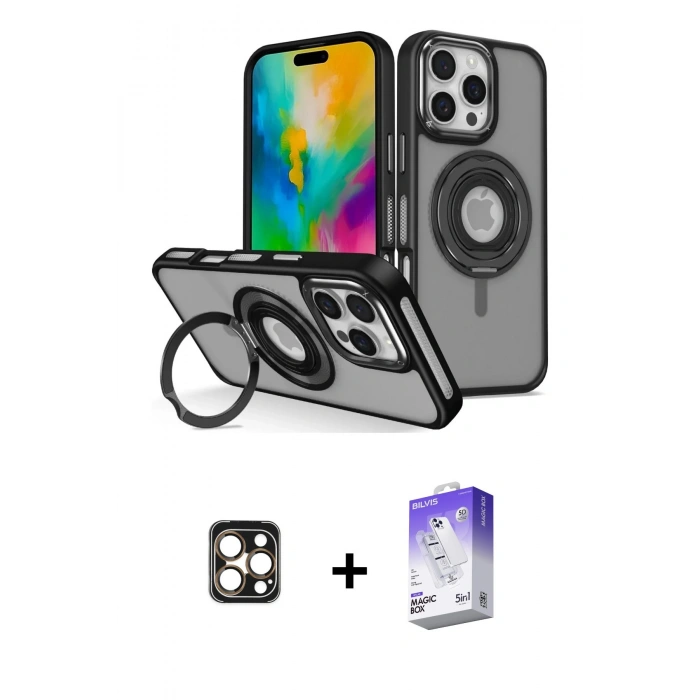 MARSİLYAN™- iPhone 16 Pro Max Kılıf Nova Minimal Serisi - Siyah Bilvis 5in1 3D Magic Cam Ekran Koruyucu + Gold PVD Metal Kamera Lens