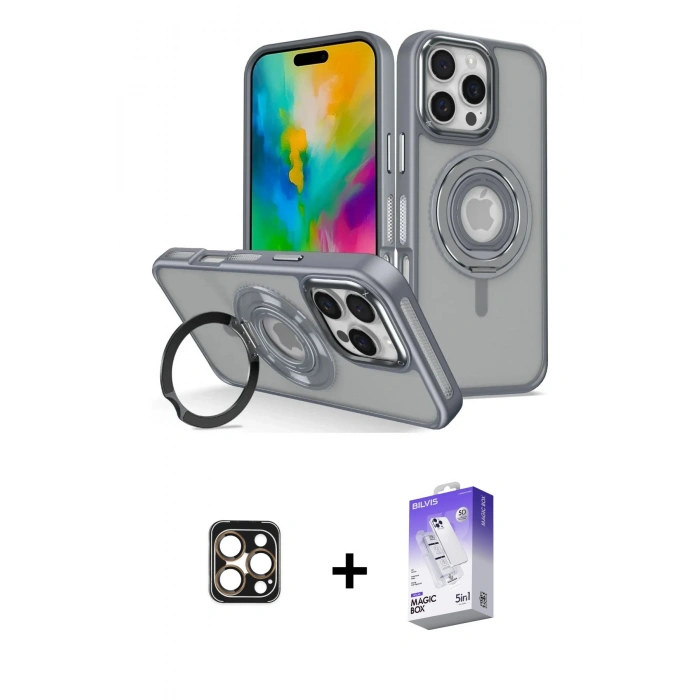MARSİLYAN™- iPhone 16 Pro Max Kılıf Nova Minimal Serisi - Siyah Bilvis 5in1 3D Magic Cam Ekran Koruyucu + Gold PVD Metal Kamera Lens