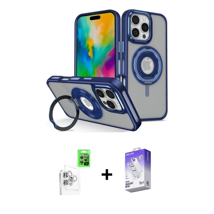 MARSİLYAN™- iPhone 16 Pro Max Kılıf Nova Minimal Serisi - Siyah Bilvis 5in1 3D Magic Cam Ekran Koruyucu + Beyaz Raze Metal Kamera Lens