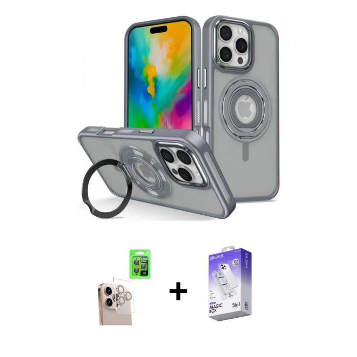 MARSİLYAN™- iPhone 16 Pro Max Kılıf Nova Minimal Serisi - Siyah Bilvis 5in1 3D Magic Cam Ekran Koruyucu + Natural Grey Raze Metal Kamera Lens