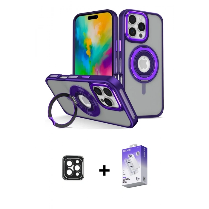 MARSİLYAN™- iPhone 16 Pro Max Kılıf Nova Minimal Serisi - Siyah Bilvis 5in1 3D Magic Cam Ekran Koruyucu + PVD Metal Kamera Lens - SH