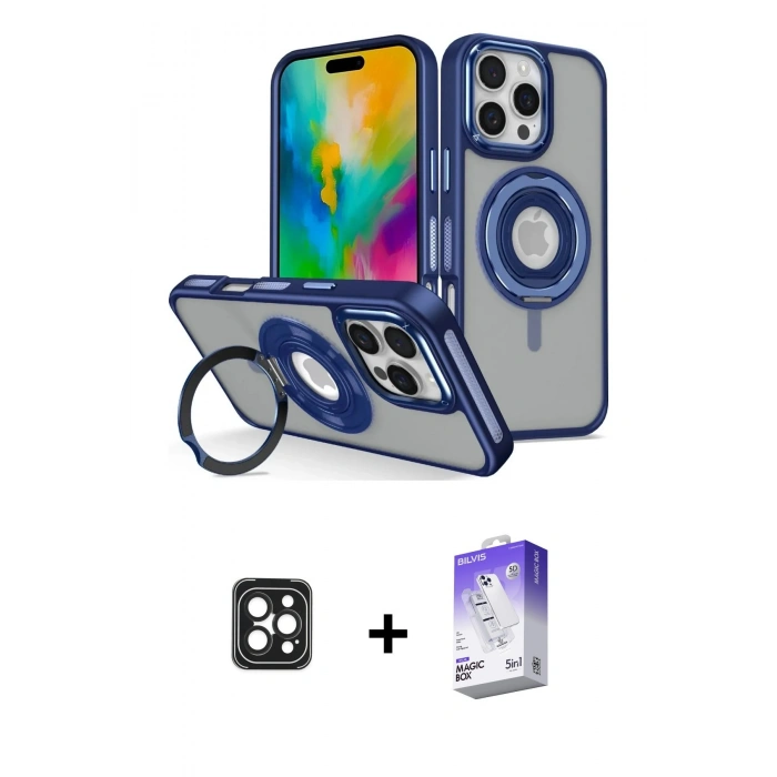 MARSİLYAN™- iPhone 16 Pro Max Kılıf Nova Minimal Serisi - Siyah Bilvis 5in1 3D Magic Cam Ekran Koruyucu + PVD Metal Kamera Lens - SH