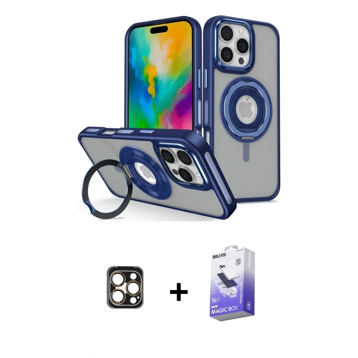 MARSİLYAN™- iPhone 16 Pro Max Kılıf Nova Minimal Serisi - Siyah Bilvis 5in1 5D Magic Hayalet Cam Ekran Koruyucu + PVD Metal Kamera Lens - GD