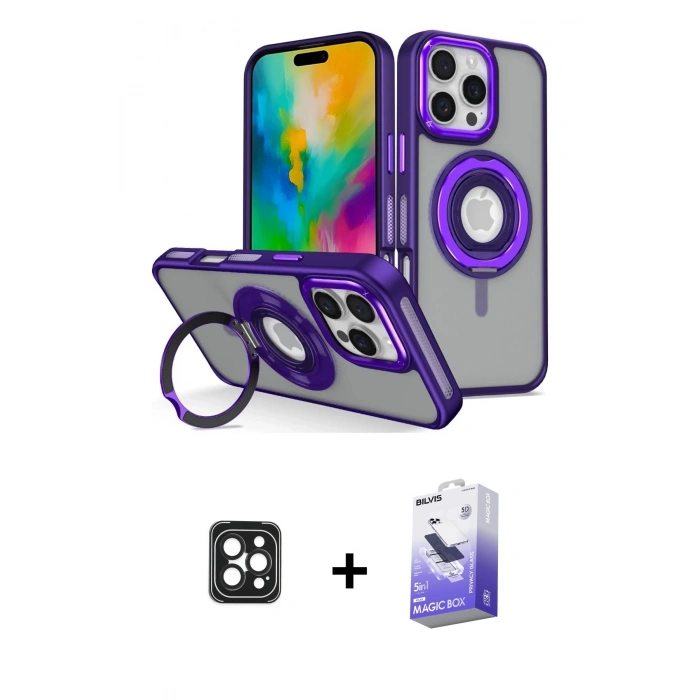 MARSİLYAN™- iPhone 16 Pro Max Kılıf Nova Minimal Serisi - Siyah Bilvis 5in1 5D Magic Hayalet Cam Ekran Koruyucu + PVD Metal Kamera Lens - SH