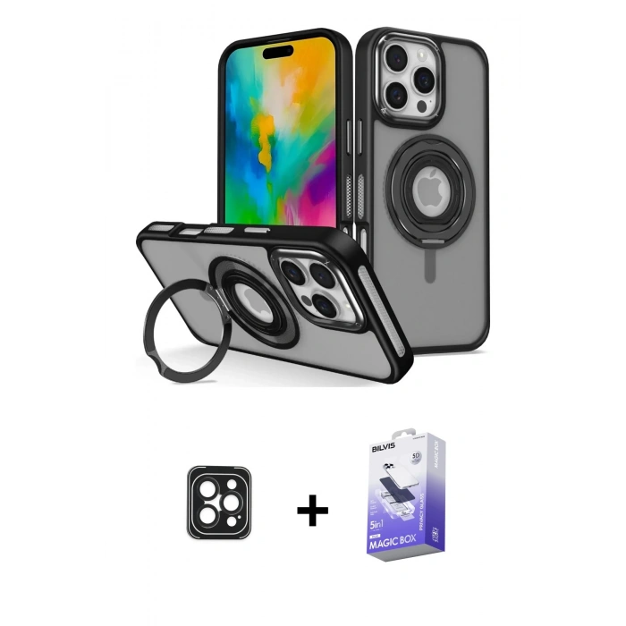 MARSİLYAN™- iPhone 16 Pro Max Kılıf Nova Minimal Serisi - Siyah Bilvis 5in1 5D Magic Hayalet Cam Ekran Koruyucu + PVD Metal Kamera Lens - SH