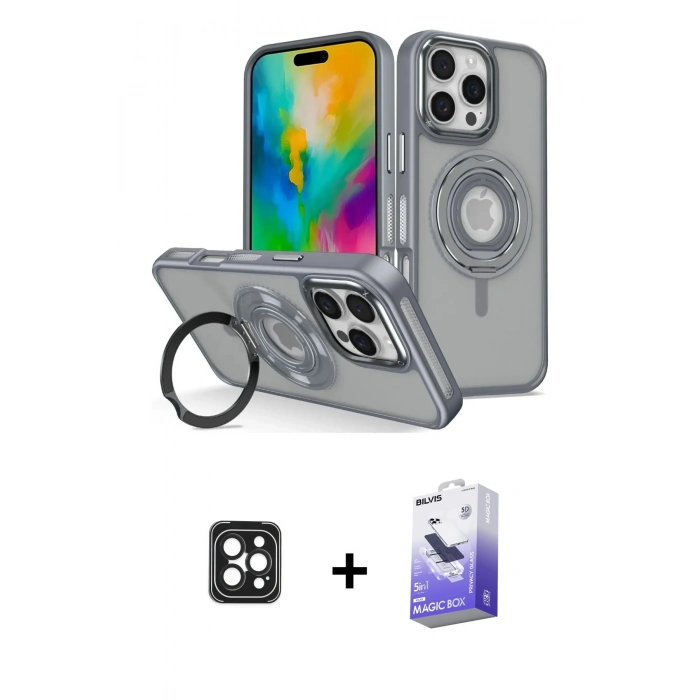 MARSİLYAN™- iPhone 16 Pro Max Kılıf Nova Minimal Serisi - Siyah Bilvis 5in1 5D Magic Hayalet Cam Ekran Koruyucu + PVD Metal Kamera Lens - SH