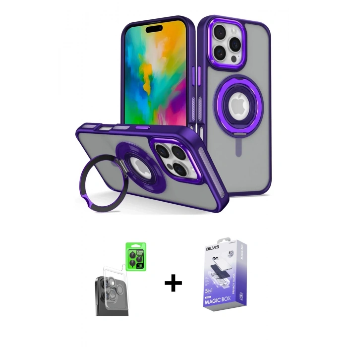 MARSİLYAN™- iPhone 16 Pro Max Kılıf Nova Minimal Serisi - Siyah Bilvis 5in1 5D Magic Hayalet Cam Ekran Koruyucu + Raze Metal Kamera Lens - SH
