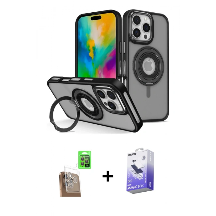MARSİLYAN™- iPhone 16 Pro Max Kılıf Nova Minimal Serisi - Siyah Bilvis 5in1 5D Magic Hayalet Cam Ekran Koruyucu + Raze Metal Kamera Lens - CLTM