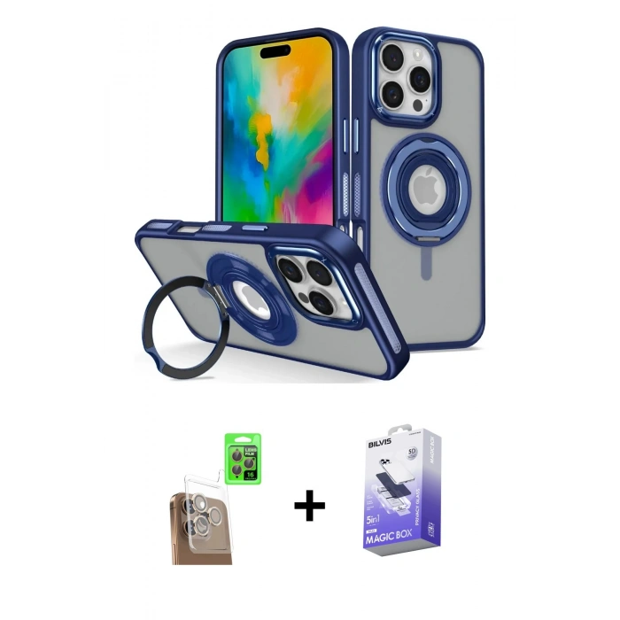 MARSİLYAN™- iPhone 16 Pro Max Kılıf Nova Minimal Serisi - Siyah Bilvis 5in1 5D Magic Hayalet Cam Ekran Koruyucu + Raze Metal Kamera Lens - CLTM