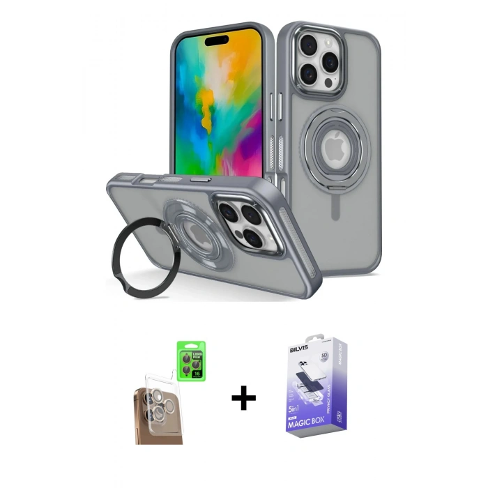 MARSİLYAN™- iPhone 16 Pro Max Kılıf Nova Minimal Serisi - Siyah Bilvis 5in1 5D Magic Hayalet Cam Ekran Koruyucu + Raze Metal Kamera Lens - CLTM