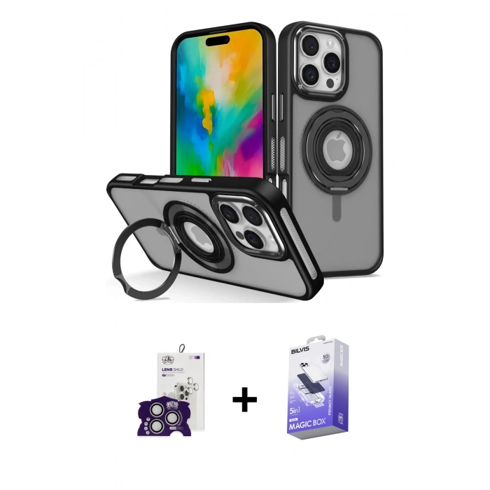 MARSİLYAN™- iPhone 16 Pro Max Kılıf Nova Minimal Serisi - Siyah Bilvis 5in1 5D Magic Hayalet Cam Ekran Koruyucu + Bilvis Titan Kamera Lens - GS
