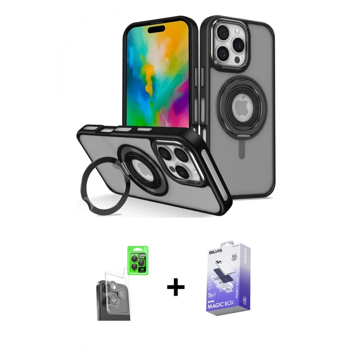 MARSİLYAN™- iPhone 16 Pro Max Kılıf Nova Minimal Serisi - Siyah Bilvis 5in1 5D Magic Hayalet Cam Ekran Koruyucu + Raze Metal Kamera Lens - SH