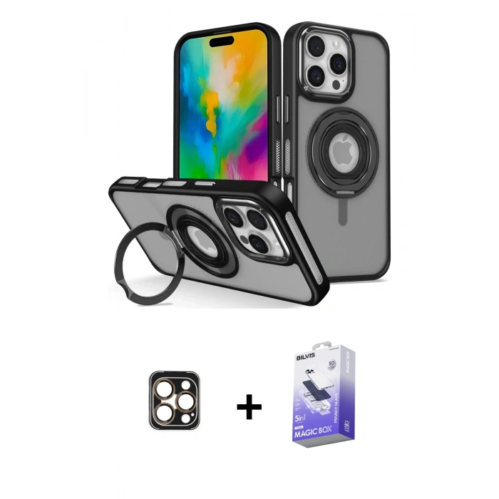 MARSİLYAN™- iPhone 16 Pro Max Kılıf Nova Minimal Serisi - Siyah Bilvis 5in1 5D Magic Hayalet Cam Ekran Koruyucu + PVD Metal Kamera Lens - GD