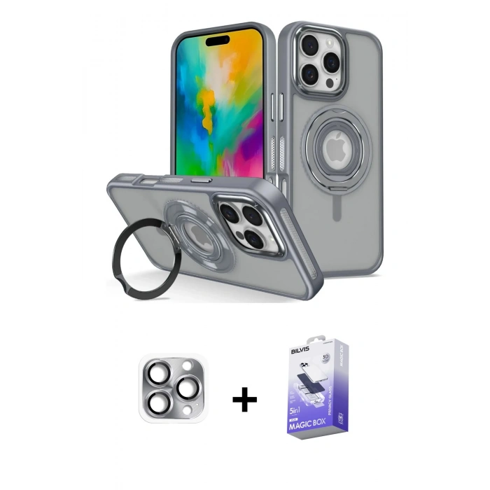 MARSİLYAN™- iPhone 16 Pro Max Kılıf Nova Minimal Serisi - Siyah Bilvis 5in1 5D Magic Hayalet Cam Ekran Koruyucu + Pers Alüminyum Kamera Lens - GI