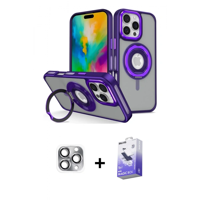MARSİLYAN™- iPhone 16 Pro Max Kılıf Nova Minimal Serisi - Siyah Bilvis 5in1 5D Magic Hayalet Cam Ekran Koruyucu + Pers Alüminyum Kamera Lens - GI