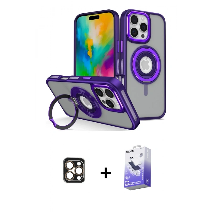 MARSİLYAN™- iPhone 16 Pro Max Kılıf Nova Minimal Serisi - Siyah Bilvis 5in1 5D Magic Hayalet Cam Ekran Koruyucu + PVD Metal Kamera Lens - GD