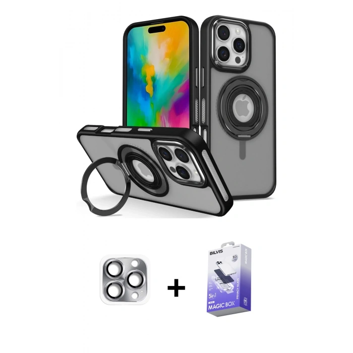 MARSİLYAN™- iPhone 16 Pro Max Kılıf Nova Minimal Serisi - Siyah Bilvis 5in1 5D Magic Hayalet Cam Ekran Koruyucu + Pers Alüminyum Kamera Lens - GI