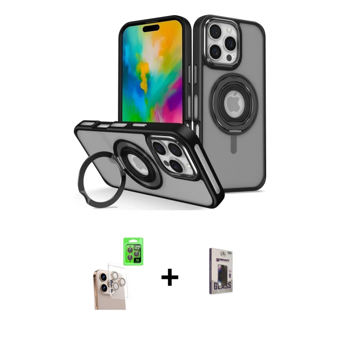 MARSİLYAN™- iPhone 16 Pro Max Kılıf Nova Minimal Serisi - Siyah Bilvis Hayalet Cam Ekran Koruyucu + Natural Grey Raze Metal Kamera Lens
