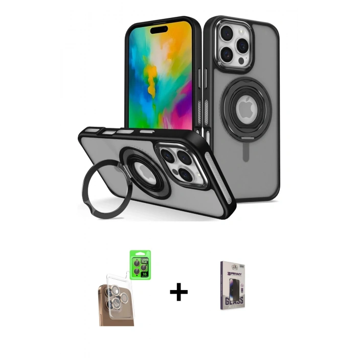 MARSİLYAN™- iPhone 16 Pro Max Kılıf Nova Minimal Serisi - Siyah Bilvis Hayalet Cam Ekran Koruyucu + Raze Metal Kamera Lens - CLTM