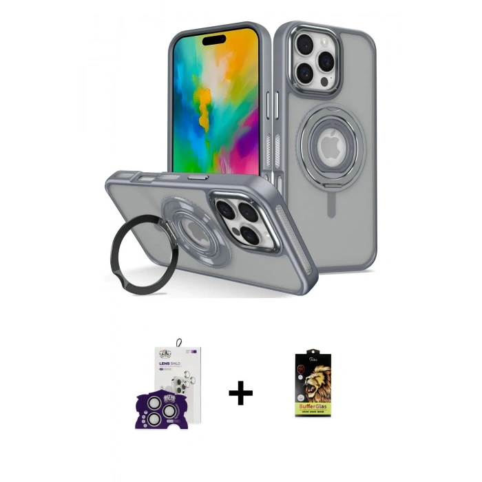 MARSİLYAN™- iPhone 16 Pro Max Kılıf Nova Minimal Serisi - Siyah Buffer Cam Ekran Koruyucu + Bilvis Titan Kamera Lens - GS