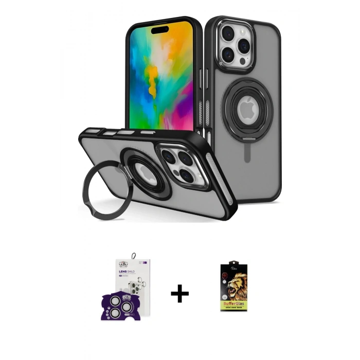 MARSİLYAN™- iPhone 16 Pro Max Kılıf Nova Minimal Serisi - Siyah Buffer Cam Ekran Koruyucu + Bilvis Titan Kamera Lens - GS