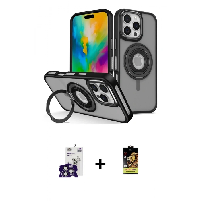 MARSİLYAN™- iPhone 16 Pro Max Kılıf Nova Minimal Serisi - Siyah Buffer Cam Ekran Koruyucu + Bilvis Titan Kamera Lens - TMGI
