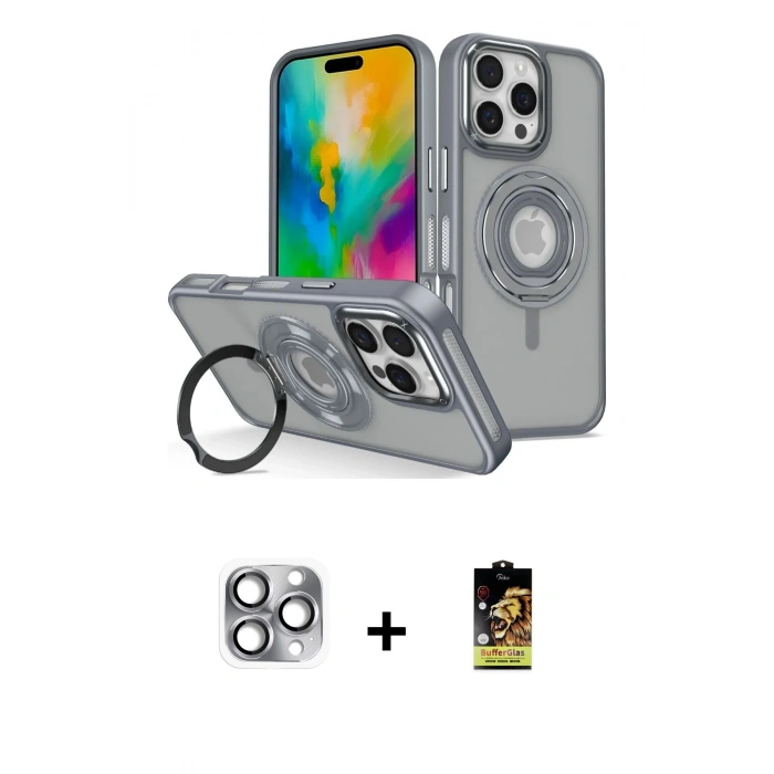 MARSİLYAN™- iPhone 16 Pro Max Kılıf Nova Minimal Serisi - Siyah Buffer Cam Ekran Koruyucu + Pers Alüminyum Kamera Lens - GI